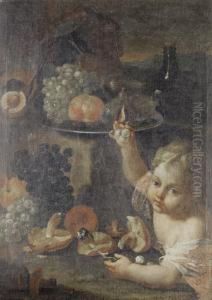 A Young Boy Eating Pumpkin, With Glasses On Apewter Tray On A Stone Ledge by Maximilian Pfeiler