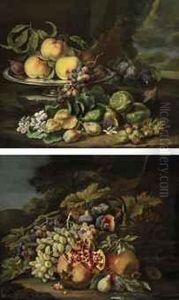 Peaches, Plums, And Grapes On A Silver Dish, With Figs, Flowers Andchestnuts, All On A Natural Ground Against A Landscape by Maximilian Pfeiler