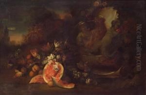 A Still Life With Fruits And Flowers Near A Fountain With Alandscape Beyond by Maximilian Pfeiler
