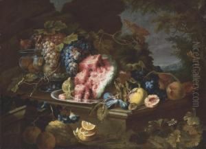 Lemons, Pears, A Fig, A Watermelon, Plums, And Grapes In A Metalvessel On A Stone Table