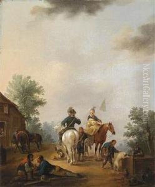 Horseman And Horsewoman In Front Of A Fountain And Horseman And Horsewoman In Front Of A City Wall - view 1