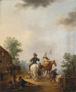 Horseman And Horsewoman In Front Of A Fountain And Horseman And Horsewoman In Front Of A City Wall by Johann Georg Pforr
