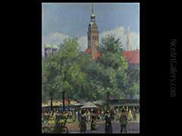 Der Viktualienmarkt In Munchen Mit Standen Und Passanten Unterbaumen - view 1