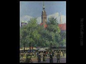 Der Viktualienmarkt In Munchen Mit Standen Und Passanten Unterbaumen by Alois Pfund