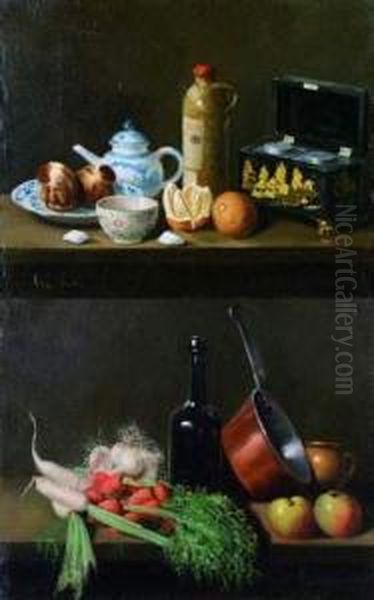 Nature Morte Aux Legumes. Nature Morte A La Boite A The, A La Bouteille De Loos Et Porcelaine De Paris. - view 1