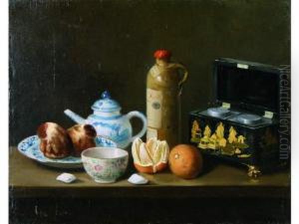 Nature Morte Aux Legumes. Nature Morte A La Boite A The, A La Bouteille De Loos Et Porcelaine De Paris. Paire De Toiles, Sur Leurs Toiles D Origine. 33 X 41 Cm. Le Premier Est Signe En Bas A Droite Phalipon. Le Deuxieme Est Signe En Bas A Gauche Phalipon. - view 1