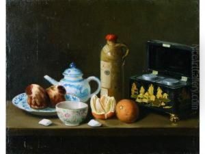 Nature Morte Aux Legumes. Nature Morte A La Boite A The, A La Bouteille De Loos Et Porcelaine De Paris. Paire De Toiles, Sur Leurs Toiles D Origine. 33 X 41 Cm. Le Premier Est Signe En Bas A Droite Phalipon. Le Deuxieme Est Signe En Bas A Gauche Phalipon.