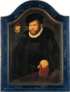 A Portrait Of Johannes Steiman, Aged 33, Half-length Standing Behind A Table, His Left Hand Resting On A Book