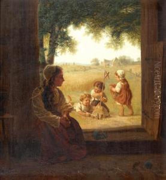 Bauernmadchen Mit Spielenden Kindern - view 1