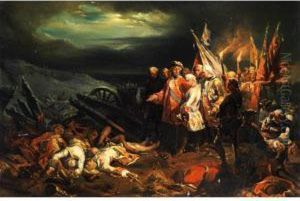 Schlachtfeld Mit Am Boden Liegenden Gefallenen Soldaten Undzerbrochenen Kanonen In Nachtlicher Stimmung Bei Fackelschein by Henri Felix Emmanuel Philippoteaux