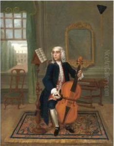 Portrait Of A Gentleman, Full Length, Seated Playing A Cello, A Spinet Behind by Charles Philips
