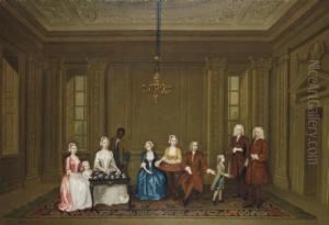 Group Portrait Of A Family, Possibly Members Of The Vernon Family, With A Servant, In An Elegant Interior by Charles Philips