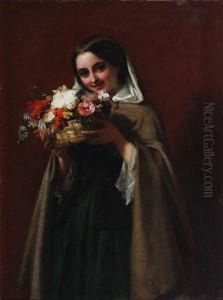 Young Girl Holding A Basket Of Flowers by John Phillip