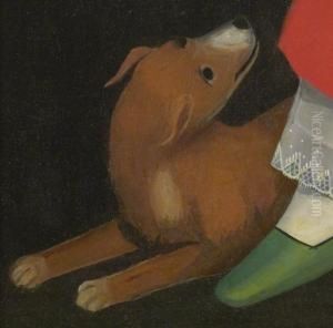 Portrait Of A Winsome Young Girl In Red With Green Slippers, Dog And Bird by Ammi Phillips