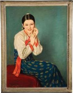 Portrait Of A Pretty Asian Lady Wearing A Silk Dress by John Campbell Phillips