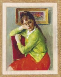A Seated Girl In A Red Dress And Green Sweater