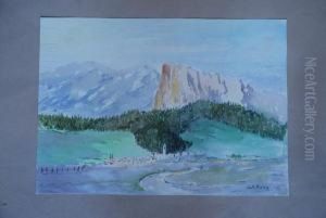 Scorcio Di Paese Con Montagne by Giuseppe Ferdinando Piana