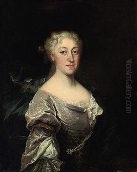 Portrait Of A Lady, Half-length, In A Red And Grey Embroidereddress With Lace And Pearl Ornaments - view 1