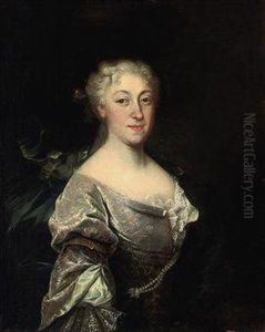 Portrait Of A Lady, Half-length, In A Red And Grey Embroidereddress With Lace And Pearl Ornaments