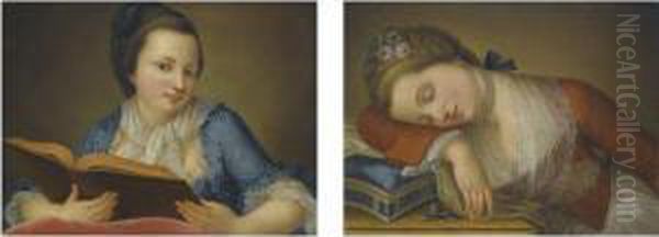 Portrait Of A Young Lady In A Blue Dress Reading A Book - view 1