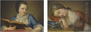 Portrait Of A Young Lady In A Blue Dress Reading A Book by Gaetano Piattoli