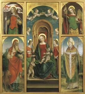 Polittico: Madonna Con Bambino, San Giovannino, Sant'agnese E Santacaterina D'alessandria; A Sinistra: San Girolamo E San Giorgio (?);a Destra: Sant'ambrogio Ed L'arcangelo Michele by Albertino Piazza