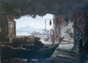 Grotta Di Pescatori A Posillipo Olio Su Tavola, Cm 44,5x61 by Andreas Pic De Leopold