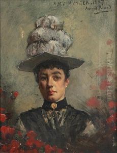 A Portrait Of A Lady In Black Wearing A White Feather Hat by Edmond Picard