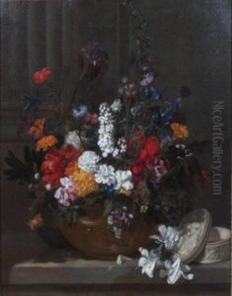 Bouquet De Fleurs Et Boite En Ivoire Surun Entablement - view 1