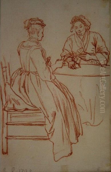 A Seamstress; Two Ladies Playing Cards At A Table - view 1