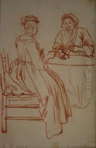 A Seamstress; Two Ladies Playing Cards At A Table