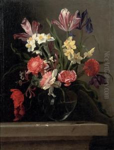 Tulips, Carnations, Narcissi And Other Flowers In A Glass Vase, Ona Stone Ledge - view 1