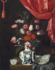 Tulips, Carnations And Other Flowers In A Chinese Porcelain Vase, With Other Chinese Vessels And A Lacquered Coffer On A Partly-draped Table, A Draped Curtain Above by Jean Picart