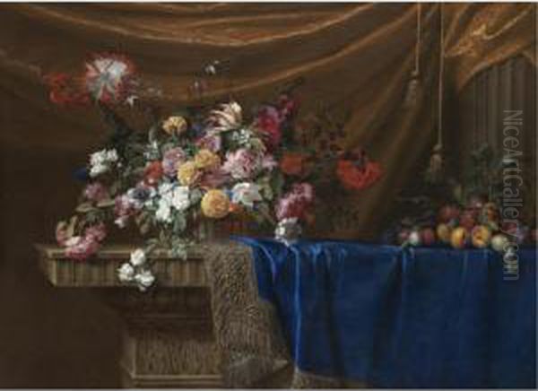 A Still Life Of A Basket Of Flowers And A Mound Of Fruit On A Sculpted Stone Table, Partly Covered With A Blue Velvet, Gold-and-silver-fringed Cloth With Drapery And A Stone Column In The Background - view 1