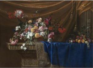 A Still Life Of A Basket Of Flowers And A Mound Of Fruit On A Sculpted Stone Table, Partly Covered With A Blue Velvet, Gold-and-silver-fringed Cloth With Drapery And A Stone Column In The Background