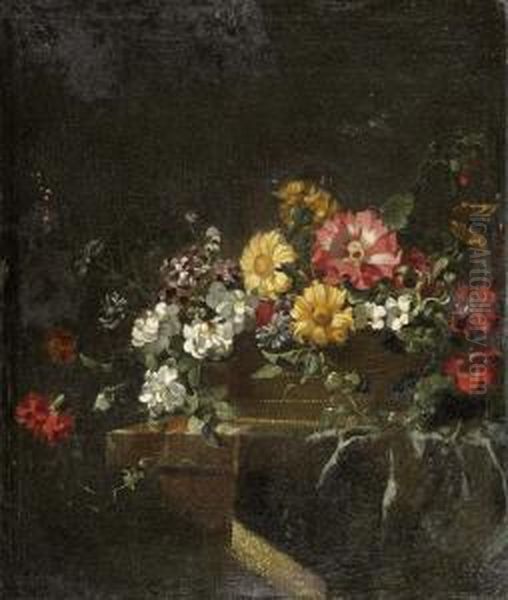 Blumenbouquet In Einem Flechtkorb Auf Einer Tischplatte. - view 1