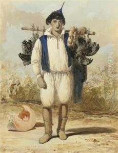 A Madeiran Boy In Native Dress With Black Chickens On A Wooden Poleslung Over His Left Shoulder