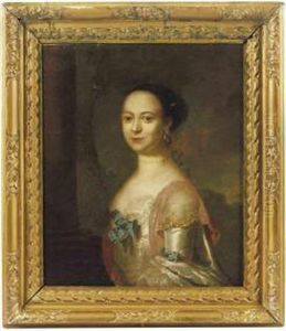 Portrait Of A Lady, Half-length, In An Oyster Silk Dress With Lacetrim And Blue Ribbon, A Landscape Beyond
