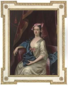 Portrait Of A Lady, Seated Three-quarter-length, In An Oyster Satindress And A Pink Hat