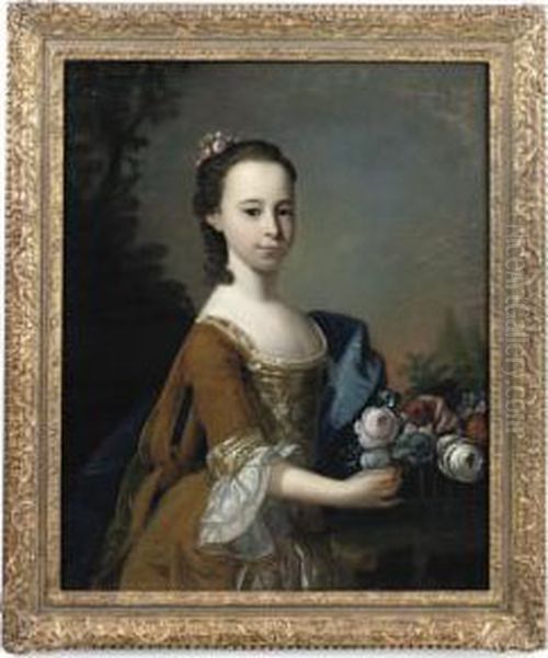 Portrait Of A Young Girl, Half-length, In A Gold Dress With A Blue Wrap, Holding A Basket Of Flowers - view 1