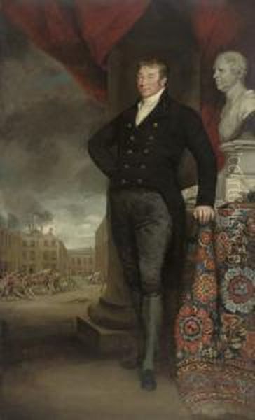 Portrait Of A Gentleman, Full-length, In A Black Coat And Breeches, Standing By A Column And A Draped Table With A Bust Of The Sitter And Documents Inscribed 'a Plan For/bettering The/condition Of/the Poor', A Work-house Courtyard Beyond - view 1