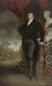 Portrait Of A Gentleman, Full-length, In A Black Coat And Breeches, Standing By A Column And A Draped Table With A Bust Of The Sitter And Documents Inscribed 'a Plan For/bettering The/condition Of/the Poor', A Work-house Courtyard Beyond