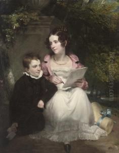 Portrait Of A Brother And Sister, Full-length, She In A White Dress, Pink Coat And Pearl Necklace, Writing A Letter, He In A Black Suit, Seated By A Plinth, In A Garden by Henry William Pickersgill