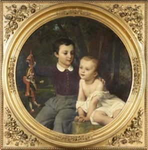 Portrait De Paul Et Leon Henry-lepaute Jouant Avec Une Marionnette by Francois Edouard Picot