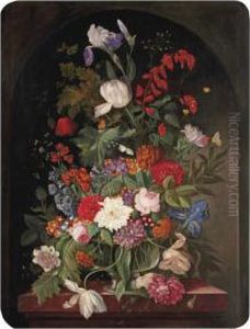 Pink Roses, Peonies, Lilies And Various Other Flowers In A Glassvase On A Marble Edge In A Stone Ledge by Frans Xaver Pieler