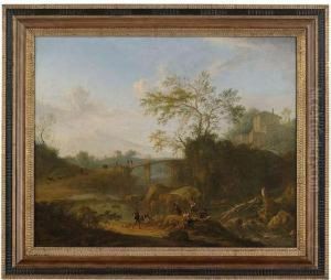 Italianate Landscape With River Fishers In The Foreground And Numerous Staffage Figures.