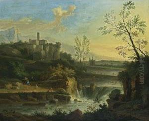 An Extensive Classical River Landscape With A Waterfall, And A Fisherman With A Dog On A Path, Other Figures Near The River Beyond, A Town On A Rocky Outcrop Beyond