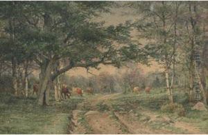 Cows Grazing By A Woodland Path by Charles Franklin Pierce