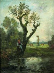 La Gardeuse De Vaches En Bord De Riviere by Francois Pierdon