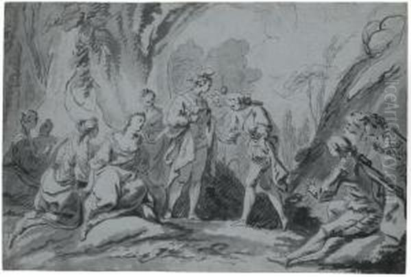 A Gentleman Approaches A Standing Man In A Landscape - view 1
